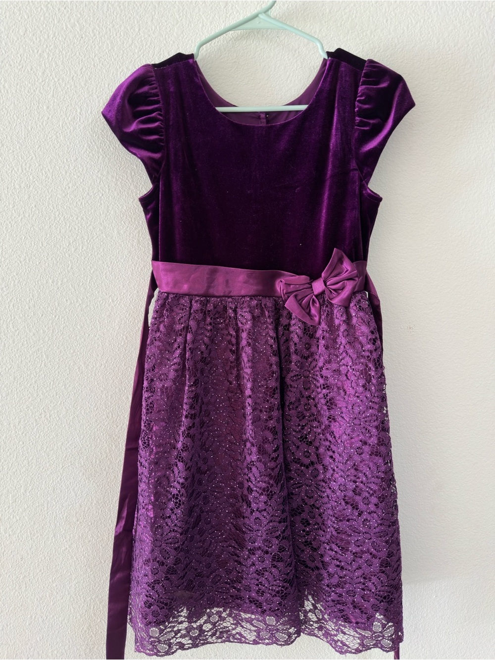 Jona Michelle Deep Purple Velvet & Lace Party Dress with Bow Accent